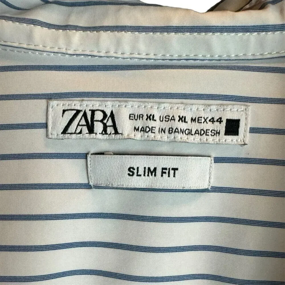Zara Men’s Slim Fit Striped Long Sleeve Button-Up Shirt Blue Size XL